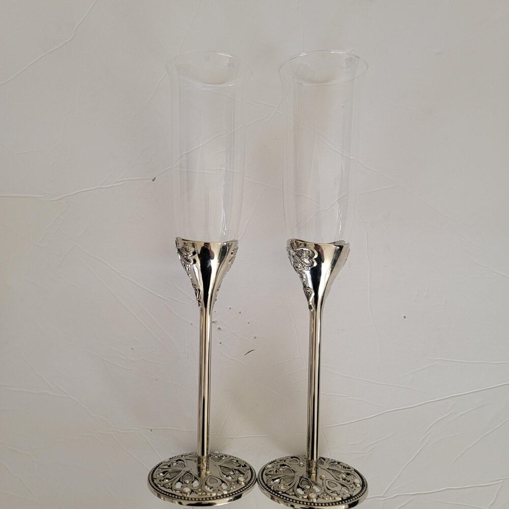 Things Remembered Wedding Champagne Flute Glasses Clear Hearts Set 2 W Box